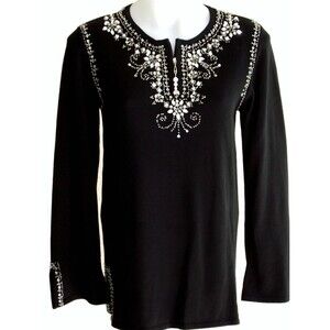 Quacker Factory Black Cotton Blend Tunic Sweater-Sequined Beaded Pearls  XL